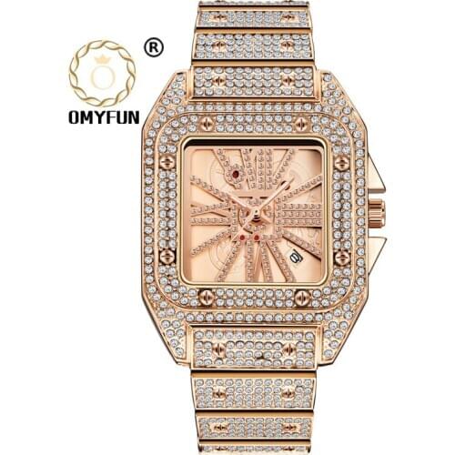OMYFUN Hip Hop Diamond Watch for Men Women Luxury Brand Square Watches Minimalist Analog Quartz Movt Unique Male Iced Out Watch