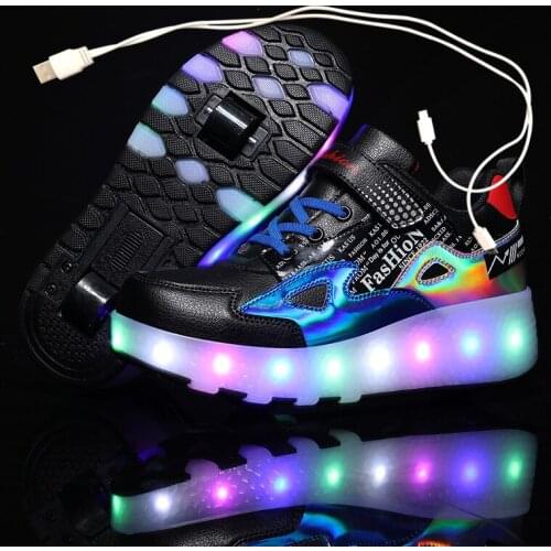 Two Wheels Luminous Sneakers Black Red Led Light Roller Skate Shoes for Children Kids Led Shoes Boys Girls Shoes Light Up 28-43