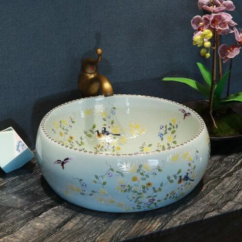 Europe Vintage Style Ceramic Art Basin Sinks Counter Top Vessel Sinks blue flower bird ceramic wash basin bathroom sink