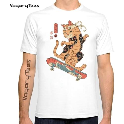 Funny Skatana cat anime t shirt men summer casual tshirt unisex short sleeve Vintage Cat Play Skateboard manga streetwear tee