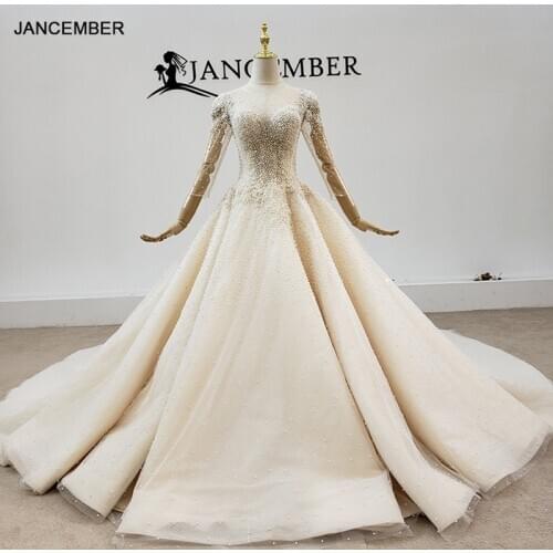 HTL1584 Champagne Tops Decorated With Pearls Tulled Wedding Dresses 2020 Three Quarter Sleeve O-Neck Ball Gown Vestidos De Noiva