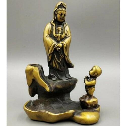 Chinese Bronze Buddhism Boy Worship Guanyin Sit Statue