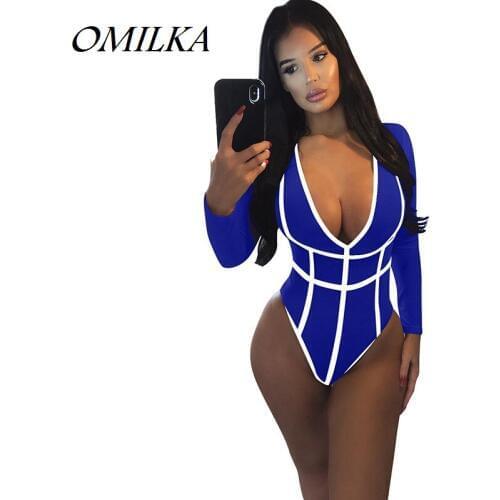 OMILKA 2018 Autumn Winter Women Long Sleeve Deep V Neck Patchwork Basic Bodysuits Sexy Black Red Blue Cub One Piece Jumpsuit