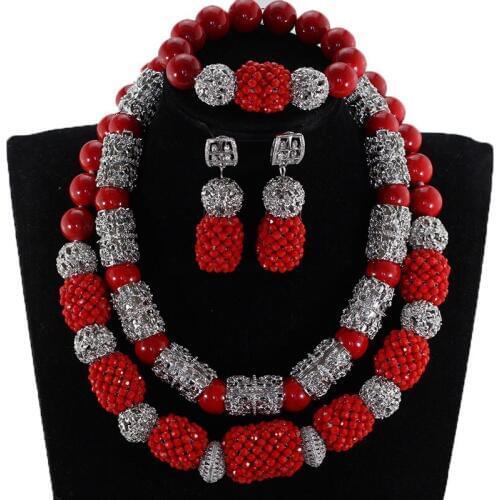 Red Chunky African Beads Jewelry Set Red and Silver Crystal Bridal Costume Jewelry Set for Women Christmas Jewelry Set CNR915