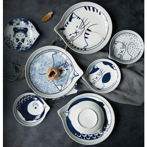 Creative Japanese cartoon dinner plate cute cat ceramic plate restaurant home kicthenware cold dish dessert sauce dish