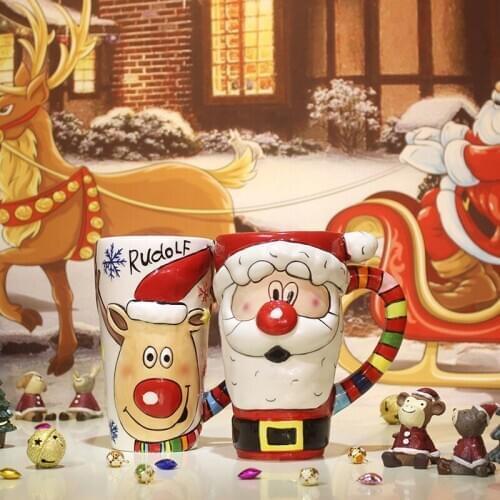 Hand-painted Mug Santa Claus Ceramic Mug cup with spoon Cover Water Coffee milk mugs Cup Creative Christmas Gift Free Shipping