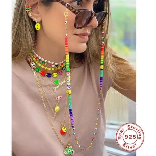 MC INS Fashion face/letter Necklace For Women 925 Silver Long Chain Summer Rainbow Pearl Necklace /Glasses Multifunction Jewelry