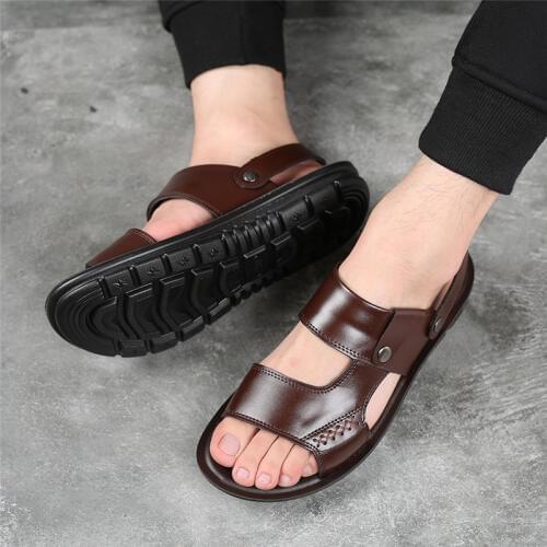 Yomior New 2020 Summer Men Shoes Flats Vintage British Slip-On Genuine Leather Casual Non-slip Beach Sandals Slippers Flip Flop