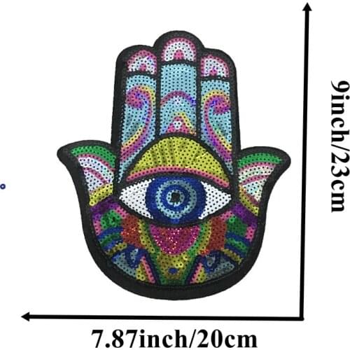 DZ 2pc New Large Hamsa Hand Sequined Iron on Patches for Clothes Colorful God Hamesh Palm Sequins Appliques