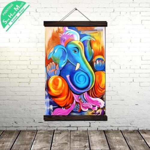 Ganesha Lord Wall Art Canvas Prints Painting with Frame Scroll Painting Hanging Poster Decorative Picture for Living Room