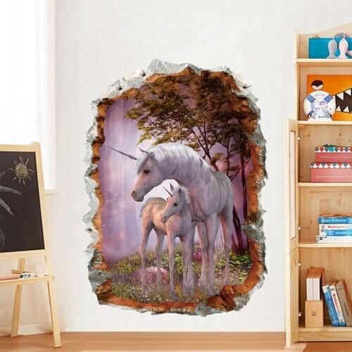 Forest Unicorn Wall Stickers For Kids Rooms Living Room Children Horse Head Decor 3D Effect Wall Decals DIY Mural Art Posters