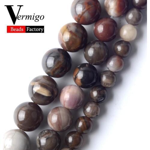 Natural Stone Wood Fossils Jades Mineral Beads For Jewelry Making 6 8 10mm Round Spacer Loose Beads Diy Bracelets Jewellery 15