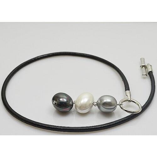 White Gray Black Mixes Color Shell Necklace Egg Shell Pearl Jewelry Real Black Leather Rope Necklace Charming Women Gift