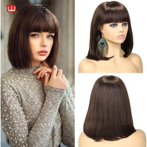 Wignee Short Straight Hair Human Bob Wigs With Free Bangs For Black Women 150% Density Remy Brazilian Glueless Brown/Purple Wigs