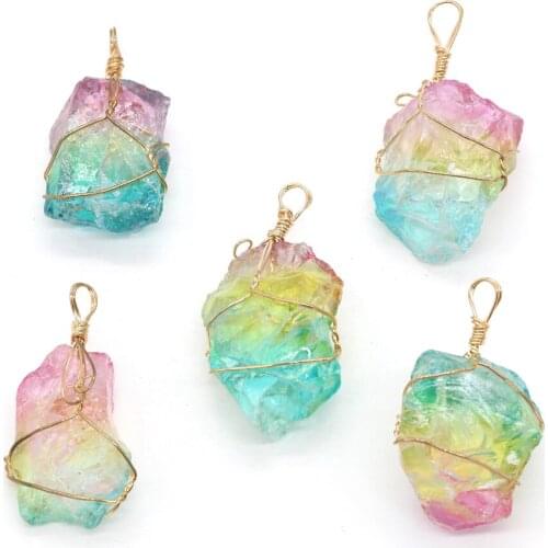 Natural Crystal Stone Pendant Copper Wire Winding Colorful Irregular Shape Stone Pendants For Jewelry DIY Making Size 35x55mm