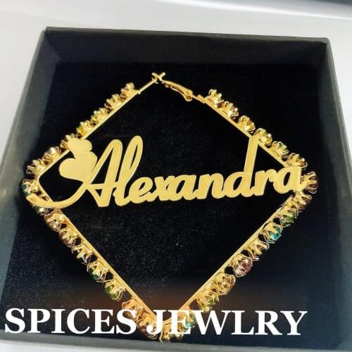 Spices Jewlry Colorful Zircon Earrings Custom-named Geometric-shaped Geometric Zircon Earring Hip-hop Style Custom hoop Earrings