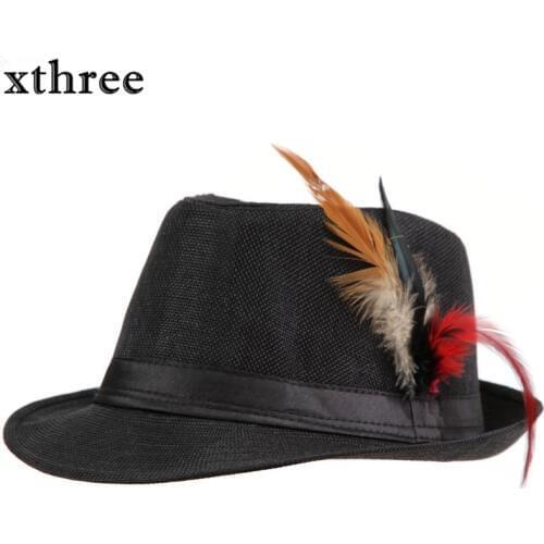 Xthree Trendy Unisex Side with feathers Fedora Trilby Gangster Cap For Women Summer Beach Sun Straw Panama Hat Men Fashion Hats