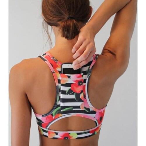 Sports Top Yoga Bra with Phone Pocket Women Floral Push Up Brassiere BH Underwear Crop Running Vest Sport Bras Sportswear