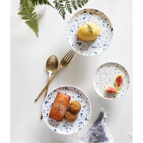Terrazzo Texture Cake Stand Snack Tray Butter Tray Home Decor Porcelain Plate Blue/Pink