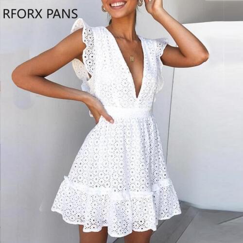 Women Butterfly Sleeve V-neck Frill Hem Hollow Out Lace Casual Dress Bodycon Sexy Party Dress