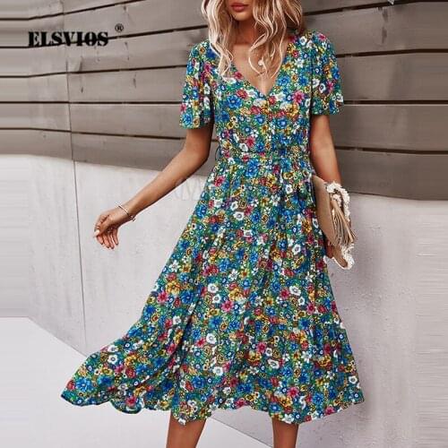 Summer 2021 Women Floral Print V Neck Bohemia Beach Dress Fashion Short Sleeves New Patchwork Casaul Dress Elegant Slim Vestidos