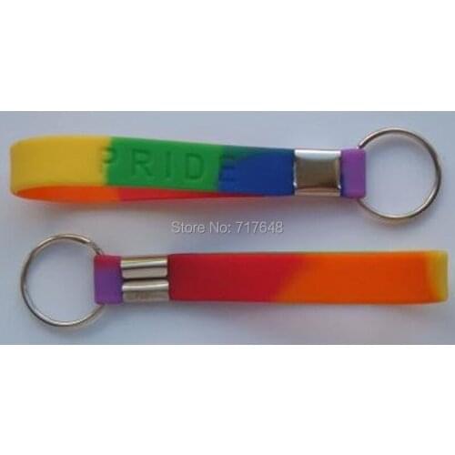 30pcs keyring pride debossed gay rainbow wristband silicone bracelets keychain free shipping by ePacket A