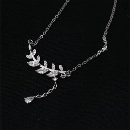 ANENJERY 925 Sterling Silver Necklace For Women Dazzling Zircon Leaf Tassel Pendant Clavicle Necklace collares kolye S-N227