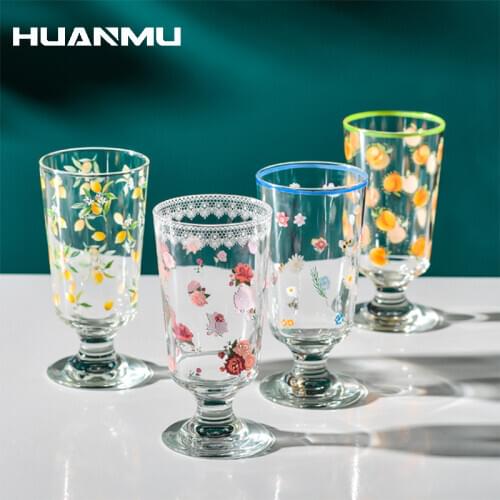 Wine Glass Cups Goblet Beautiful Cute Print Transparent Glass Mug for Drinks Tea Milk Juice Cup Home Drinkware Gift Ins Hot Sale