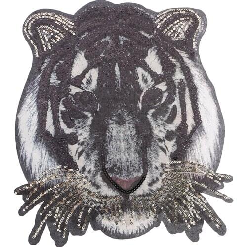 Large Tiger Head Patches Sequin Badge Patch Sticker Applique Sew on T-shirt Jackets Coats