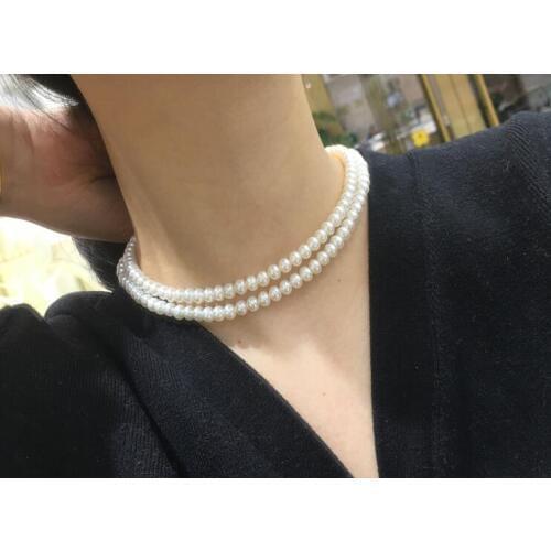 2 strands 7mm white real Pearl choker necklace gold clasp natural Freshwater PEARL Women Jewelry 17'' 43cm 35cm