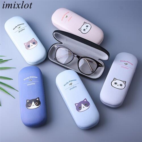 Imixlot 1PC Randomly Cartoon Lovely Kawaii Black White Cat Pattern Glasses Case for Unisex Portable Leather Spectacle Box