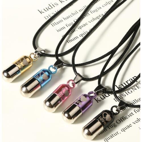 Cool Unisex Punk Open Capsule Pendant Necklace Shellhard Letter Love Bottle Pill Leather Rope Chain Necklace Charm Jewelry Gift