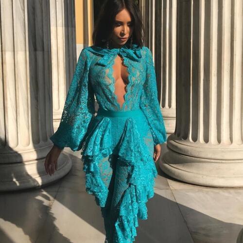 Creative Solid Lace Tie Keyhole Round Neck Ruffle Lantern Sleeve Romper Jumpsuit