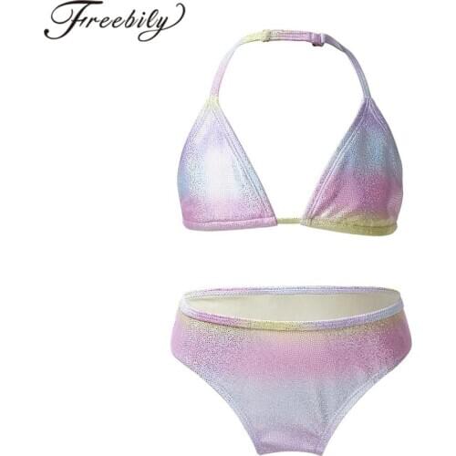 Summer Kids Girls Swimsuit Swimwear Bikinis Sets Tankini Gradient Color Glittery Bikini Top with Swim Bottoms Set Bathing Suit