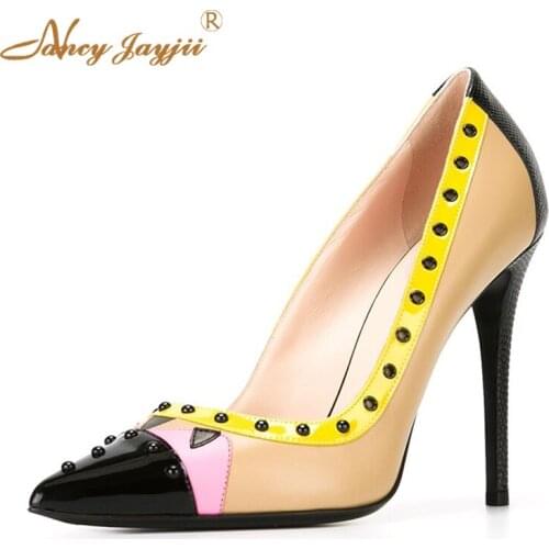 Patchwork Metallic Stud Rivets Cap Pointed Toe Stilettos Pumps Woman Super High Thin Heels Ladies Party Shoes Large Size 11 14