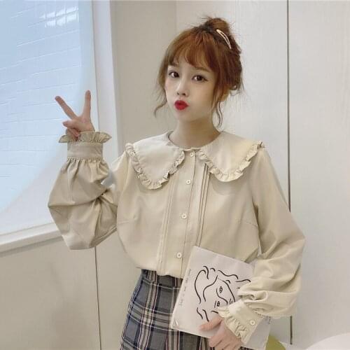 Sweet Cute Doll Collar All-match Tops Autumn White Long Sleeve Shirts Women 2021 New Design Fungus Single Breasted Female Blouse