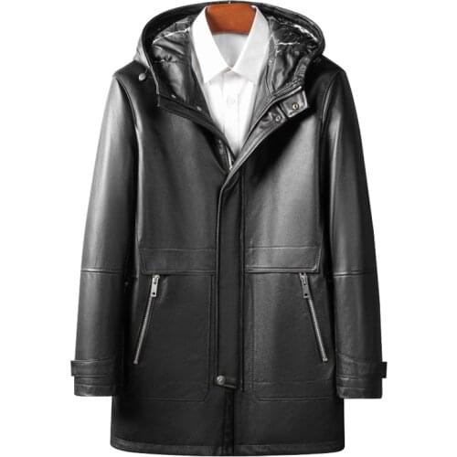 2021 100% Real Cowhide Leather Jacket Men White Duck Down Jacket Coat Hooded Long Business Casual Black Outwear Windbreaker