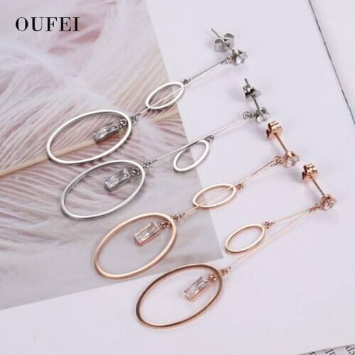 OUFEI Long Chain Earrings Rose Gold Hoop Earrings Women Crystal Earrings Fashion Stainless Steel Jewelry Big Circle Accessories