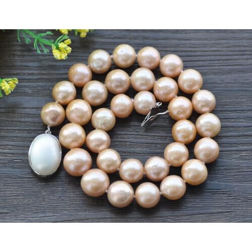 P7726 Huge 17" 14mm Pink Round KESHI Edison Pearl Necklace