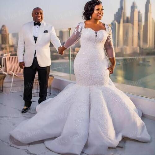 Plus size Long Sleeves Mermaid Wedding Dress Custom South African Bride Maxi Gowns for Fat Bridal within Train Lace Appliques