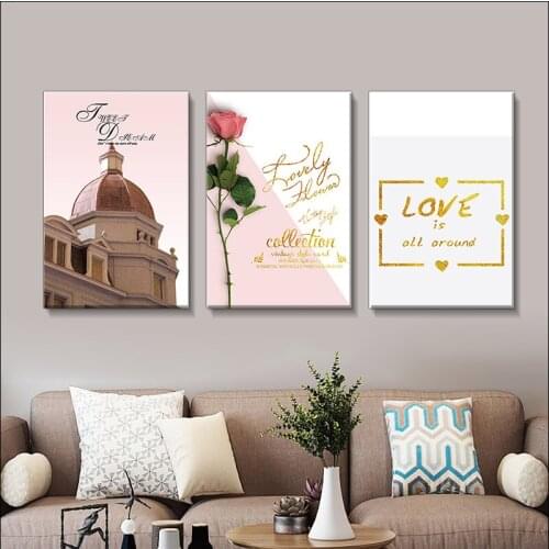 Simple Ins Pink Flower Canvas Painting, Small Fresh Rose, New Golden Letter Poster, Modern Architectural Mural, Printing