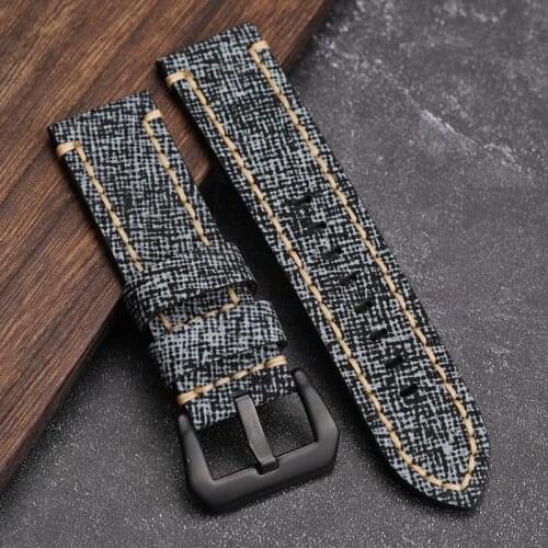 Handmade Canvas Grain Leather Watchband 20 22 24MM Black and Gray Cowhide Bracelet First layer Cowhide Mens Strap