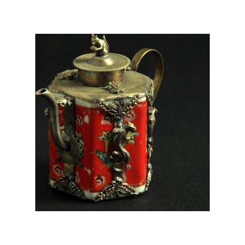 Crafts Arts silver rare Chinese red porcelain tibet silver inlay Gecko teapot monkey lid copper tools wedding Decoration Brass