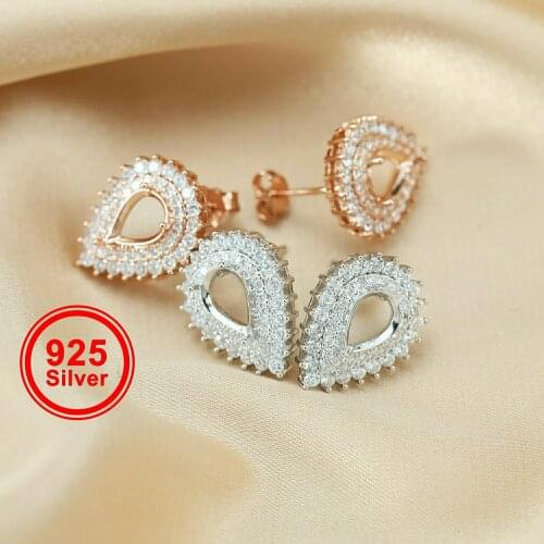 6x8MM Double Halo Pear Prong Studs Earrings Settings Solid 925 Sterling Silver Rose Gold Plated Earrings Bezel DIY 1706075