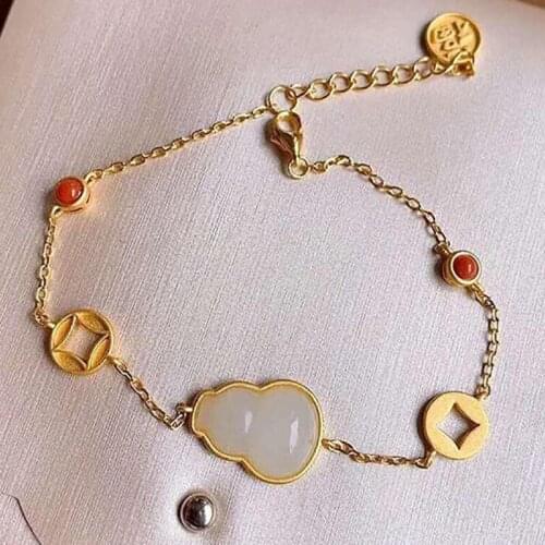 Snew inlaid white Chalcedony gourd niche design retro bracelet Chinese palace style aristocratic quality womens brand jewelry