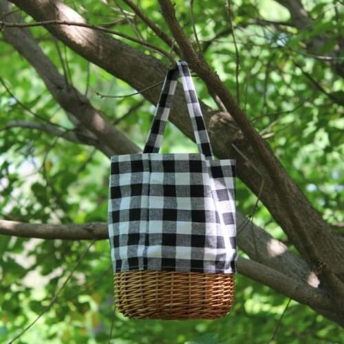 Handmade plaid straw bag linen splicing rattan bag portable canvas woven bucket bag female summer autumn and winter bag