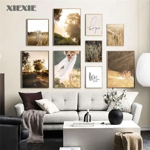 Reed Wheat Girl Autumn Sunset Landscape Wall Art Canvas Painting Nordic Posters and Prints Wall Pictures for Living Room Decor