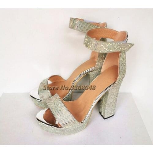 Crystal Women Dress Sandals Block Heel Open Toe Ankle Strap Cover Heel Shiny Glitter Women Shoes Silver Real Picture Shoes