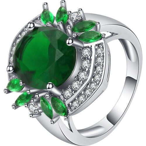 UFOORO Unique oval 3.5ct green crystal ring fashion shiny zircon around band silver filled party jewelry size 6-10 wholesale