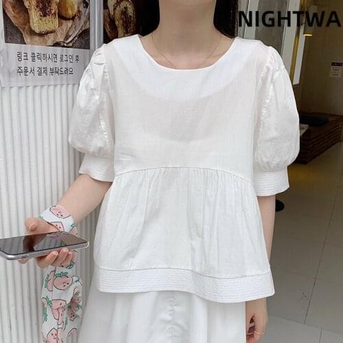 NIGHTWA New Summer Women Casual Short T Shirt Fashion Round neck Puff Short Sleeve Tees Casual Solid Chic Ladies Exquisite Tops